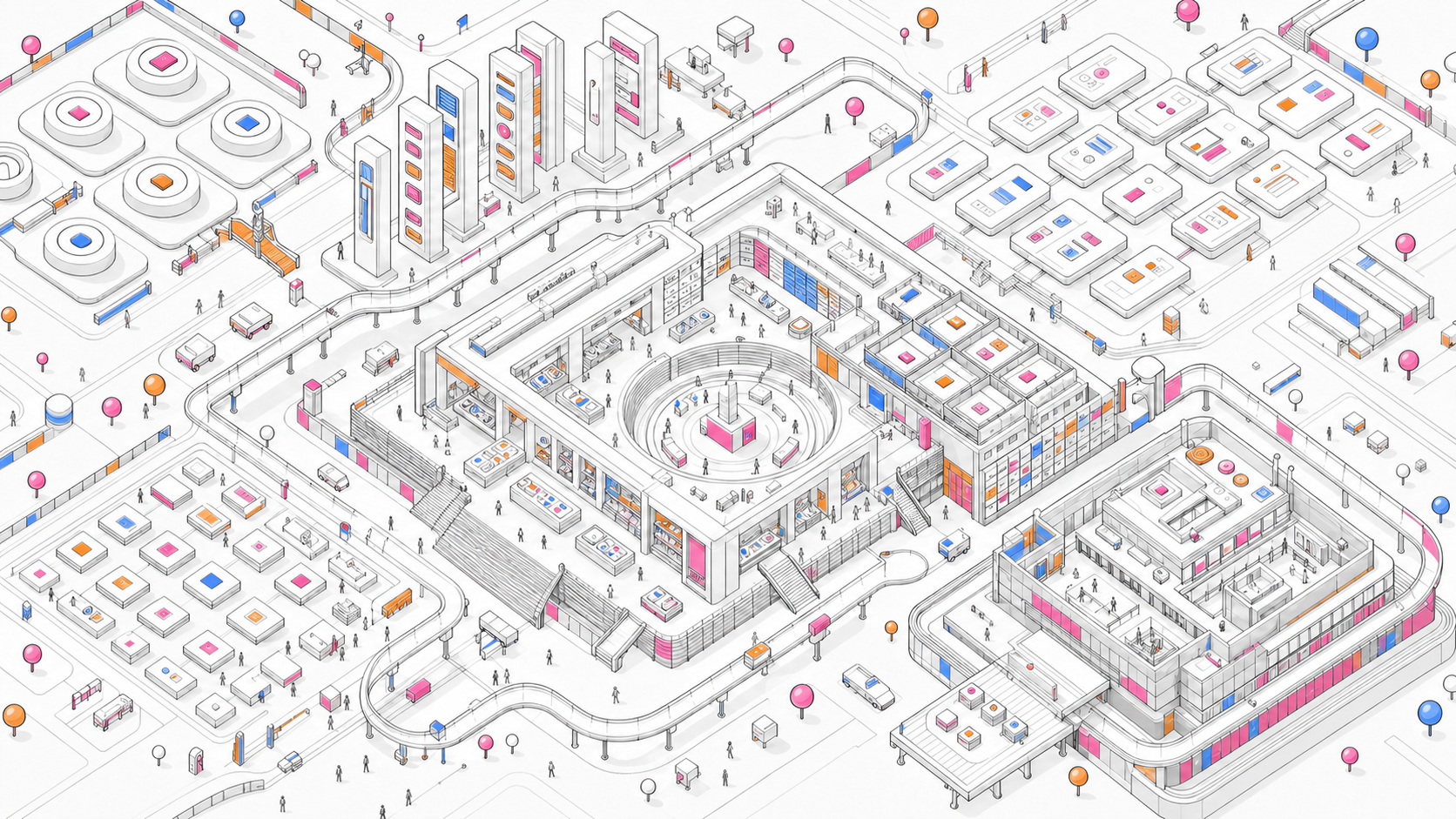 An isometric city of connected interface references, components, and working spaces.